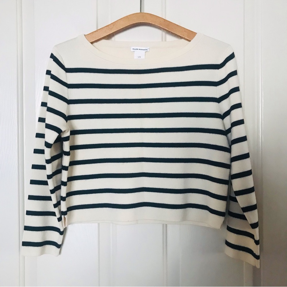 Club Monaco Cream and Black Striped Crewneck Sweater